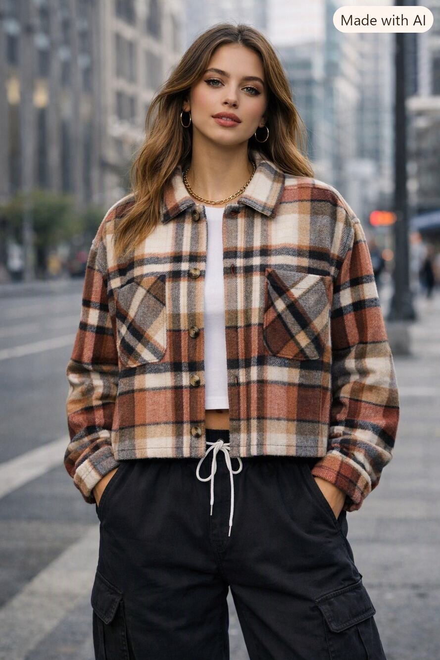 Plaid Flannel Shacket Brown Beige Rust XL Soft Stretchy Cropped